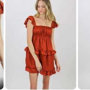 NWT WeWoreWhat Flirty Ruffle Dress, crinkle chiffon, size medium, clay color